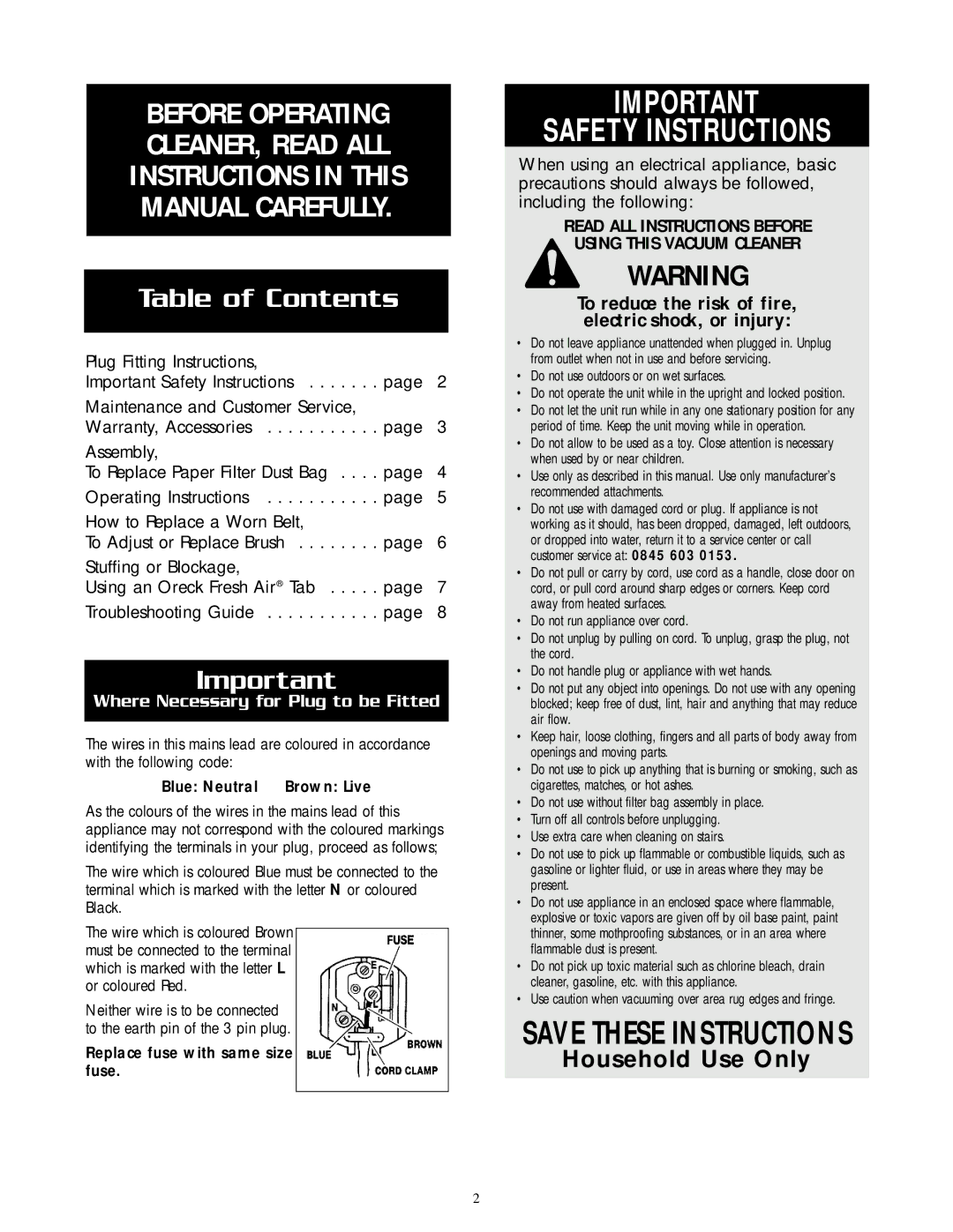 Oreck U2505RH warranty Safety Instructions, Table of Contents 