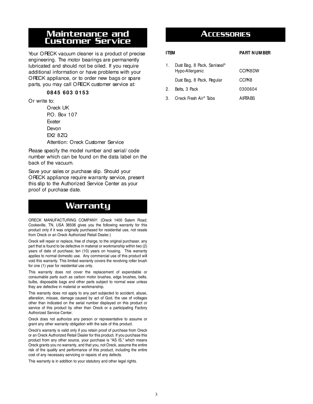 Oreck U2505RH warranty Maintenance Customer Service, Warranty, 0845 603, EX2 8ZQ 