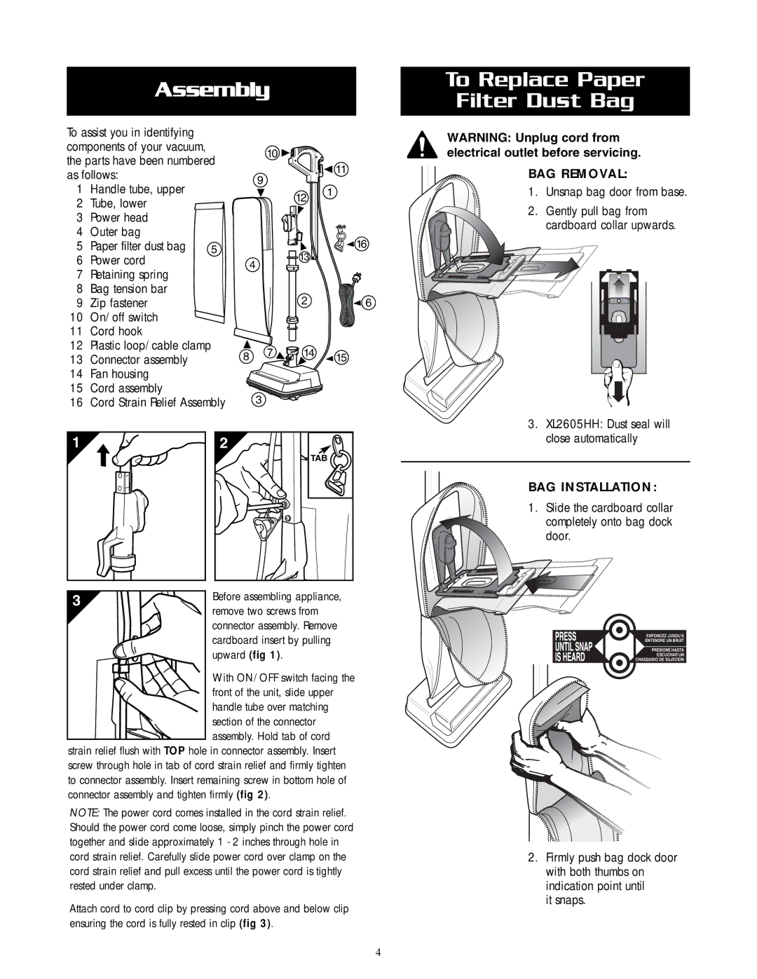 Oreck U2505RH warranty Assembly To Replace Paper Filter Dust Bag, BAG Removal 