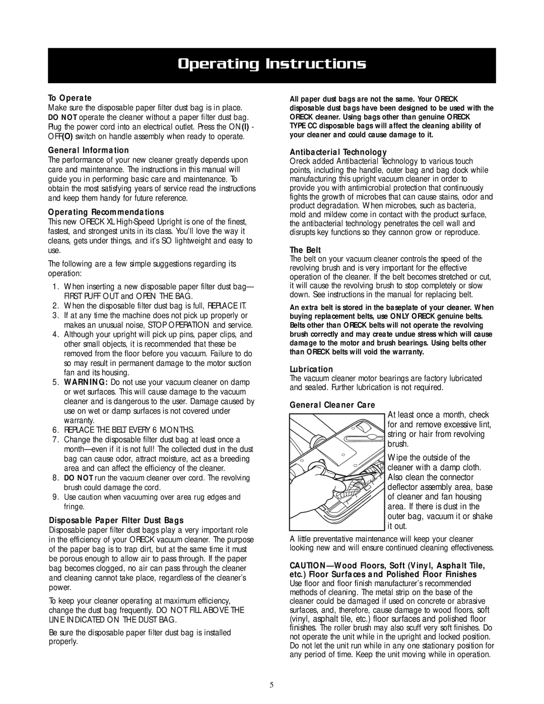 Oreck U2505RH warranty Operating Instructions 