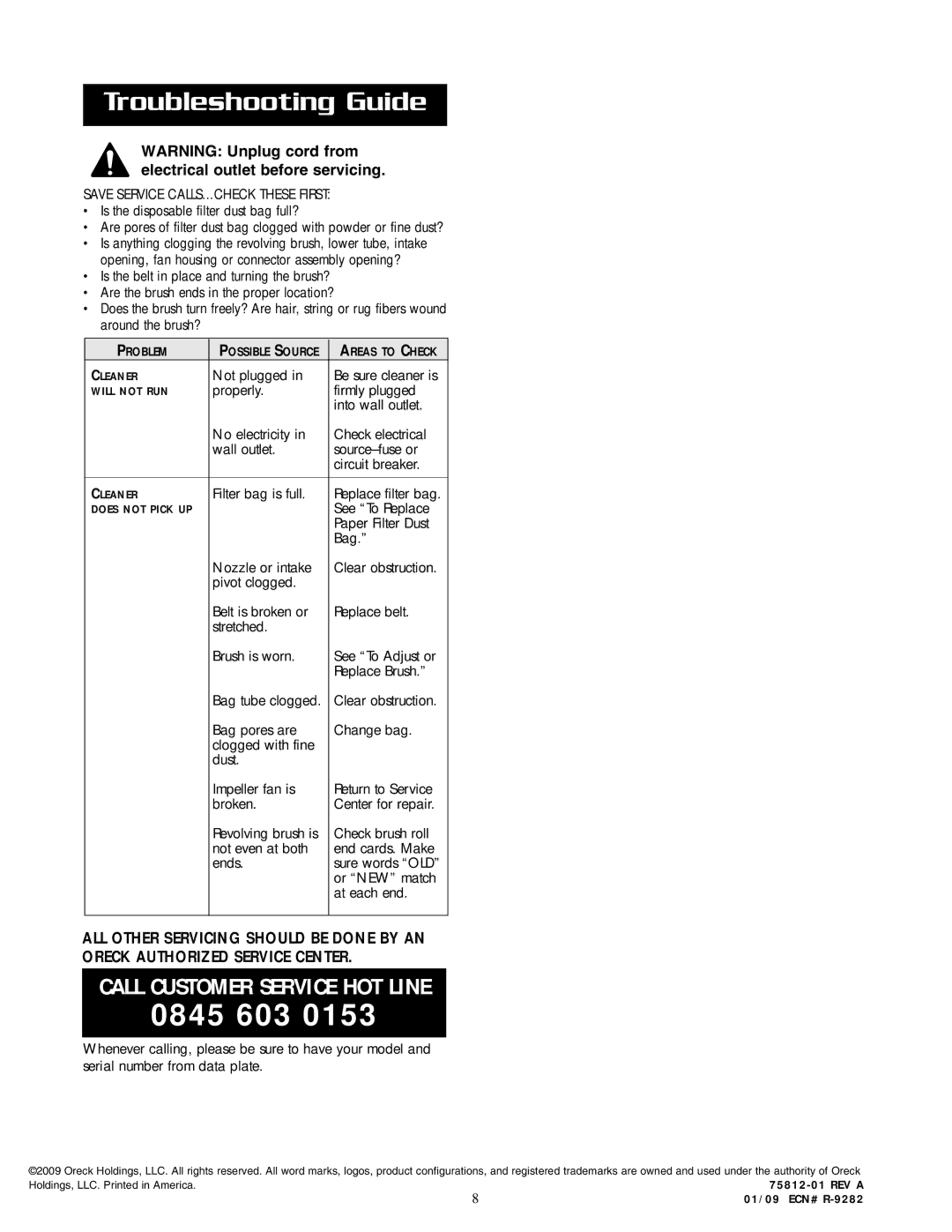 Oreck U2505RH warranty Troubleshooting Guide, Save Service CALLS...CHECK These First 