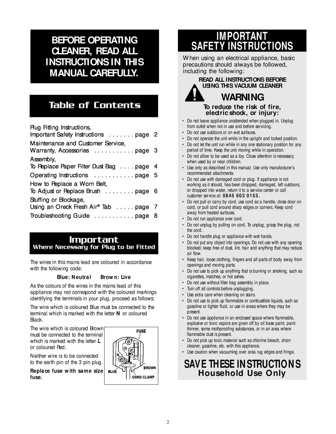 Oreck U2505RH warranty Safety Instructions, Save These Instructions, Table of Contents, Household Use Only 