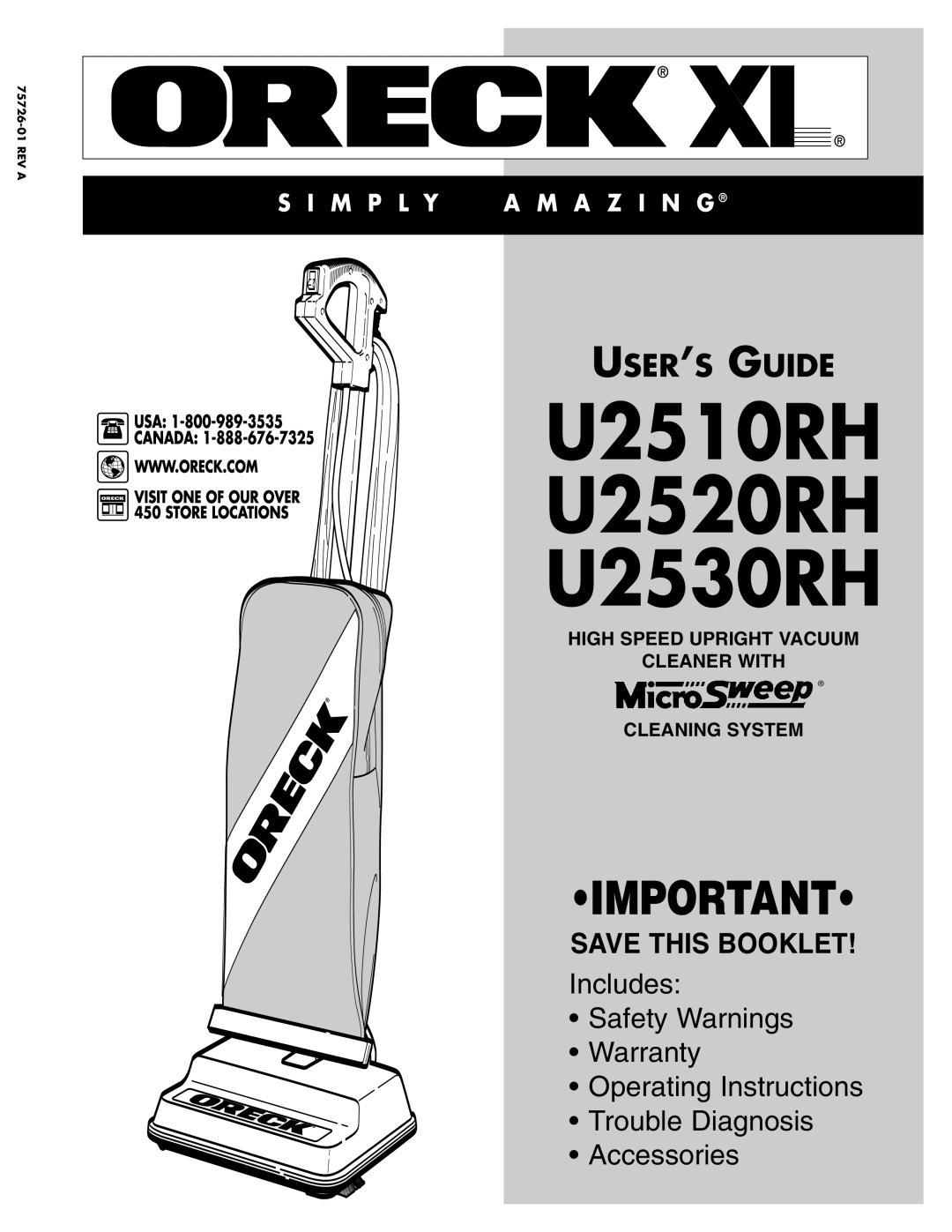 Oreck warranty U2510RH U2520RH U2530RH 