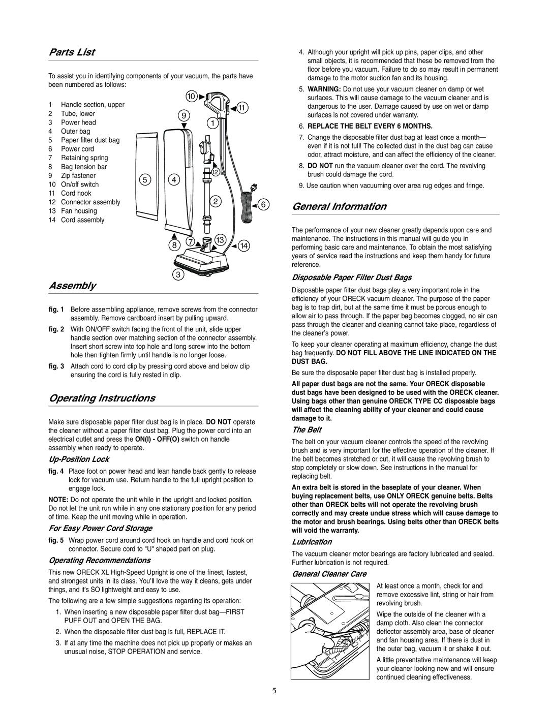 Oreck U2530RH, U2510RH, U2520RH warranty Parts List, Assembly, Operating Instructions, General Information 