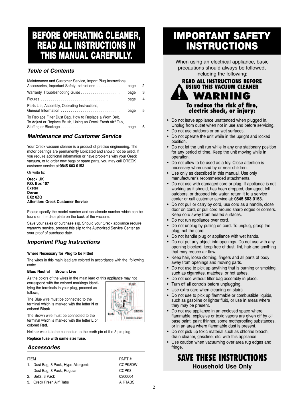 Oreck U2565RH, U2555RH Table of Contents, Maintenance and Customer Service, Important Plug Instructions, Accessories 