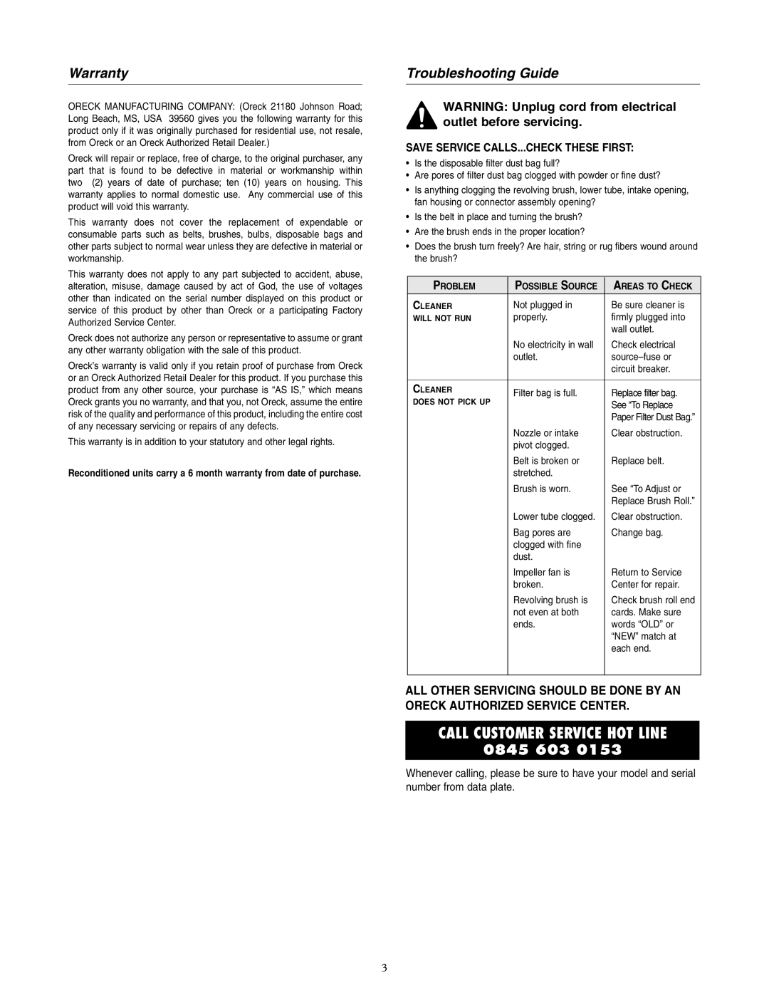 Oreck U2555RH, U2565RH warranty Warranty, Troubleshooting Guide 