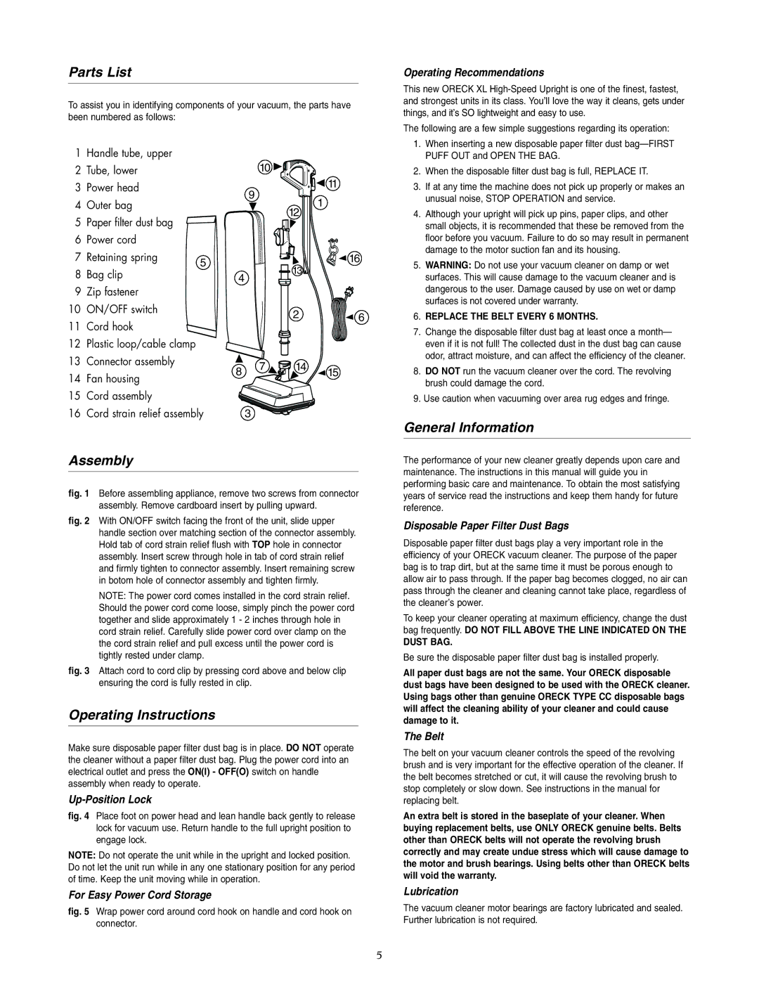 Oreck U2555RH, U2565RH warranty Parts List, Assembly, Operating Instructions, General Information 