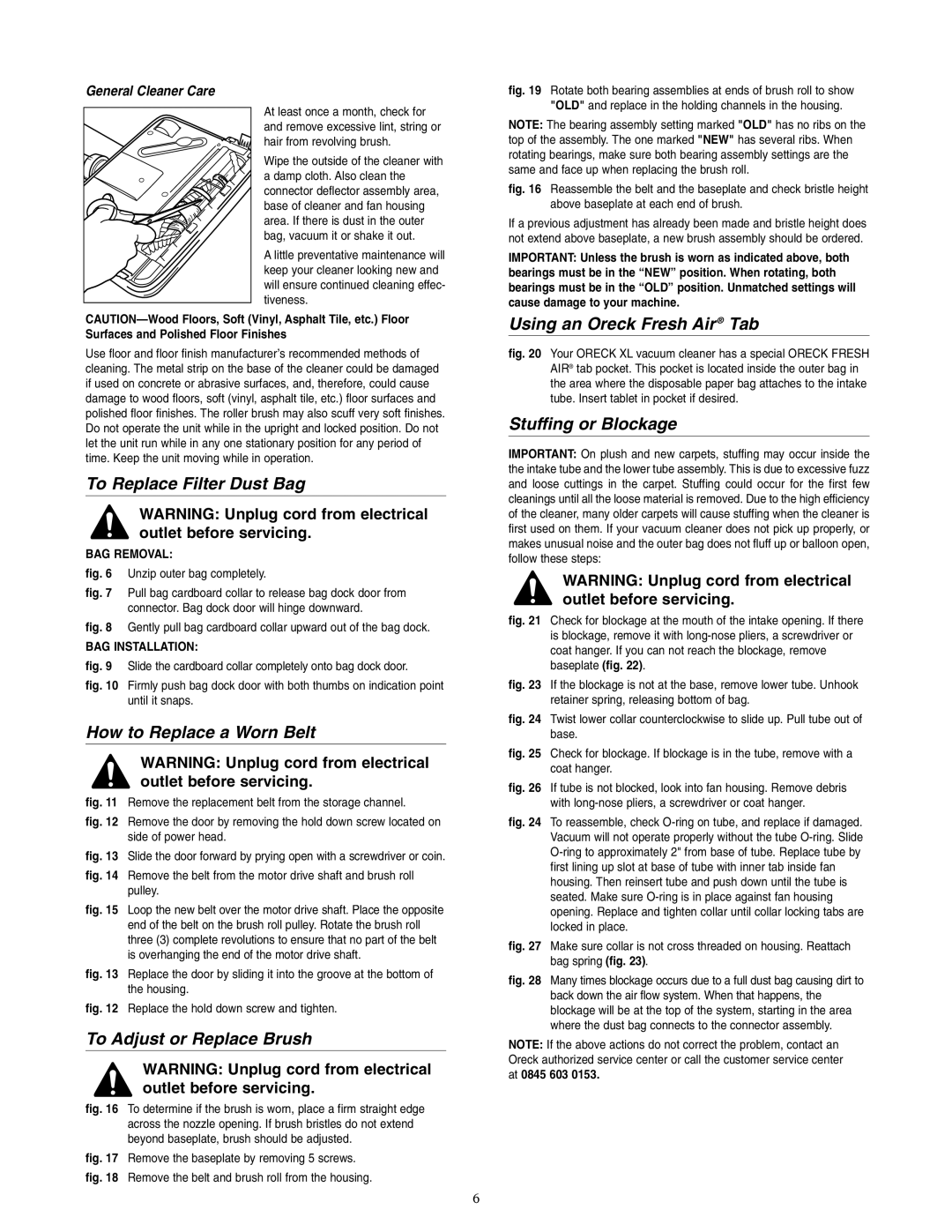 Oreck U2565RH To Replace Filter Dust Bag, How to Replace a Worn Belt, To Adjust or Replace Brush, Stuffing or Blockage 