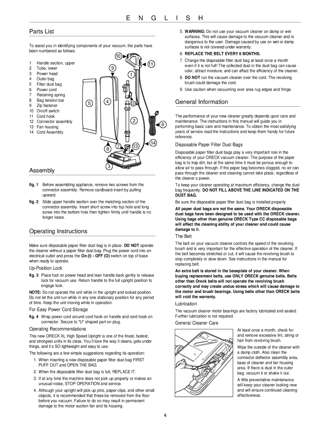 Oreck U2630HH warranty Parts List, Assembly, Operating Instructions, General Information 