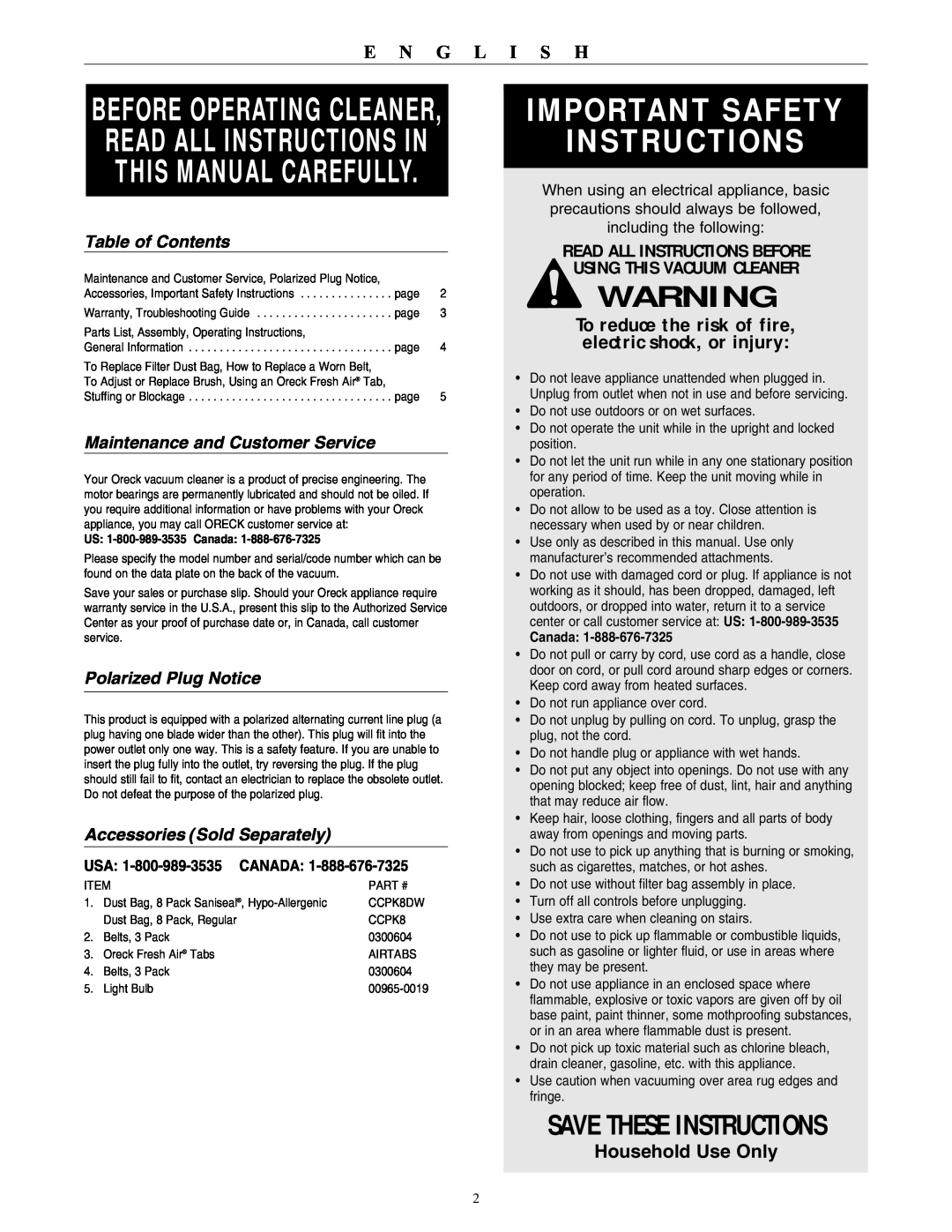 Oreck U2630HH warranty E N G L I S H, Table of Contents, Maintenance and Customer Service, Polarized Plug Notice, Canada 