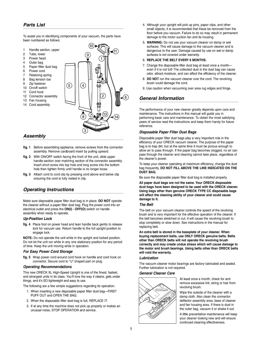 Oreck U2640RH warranty Parts List, Assembly, Operating Instructions, General Information 