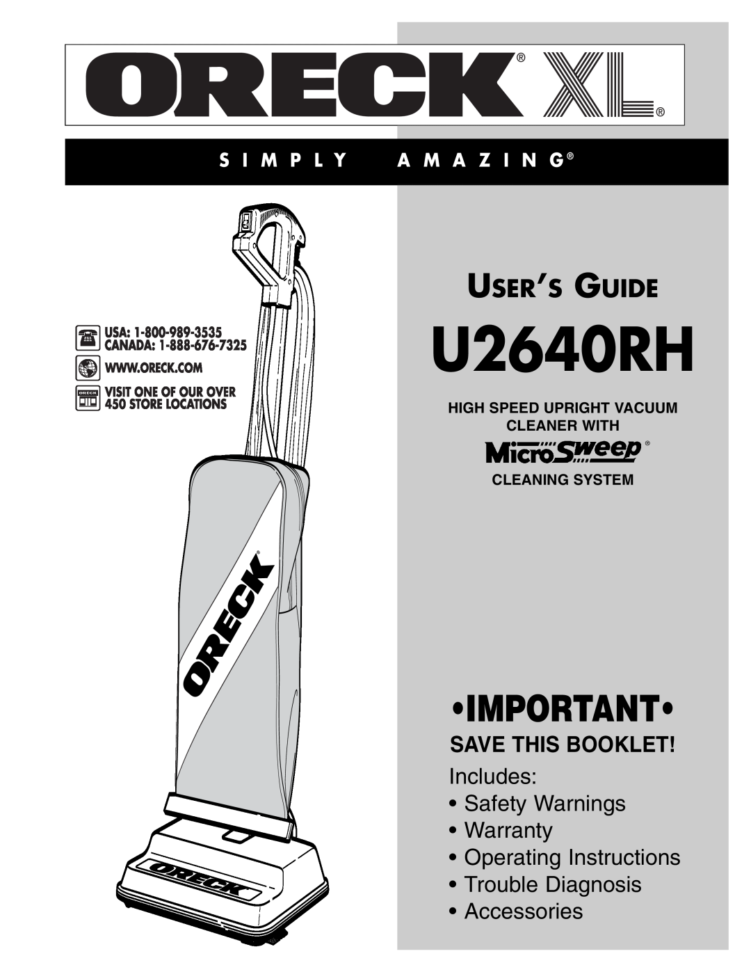 Oreck U2640RH warranty Save This Booklet, High Speed Upright Vacuum Cleaner With, Cleaning System, User’S Guide 