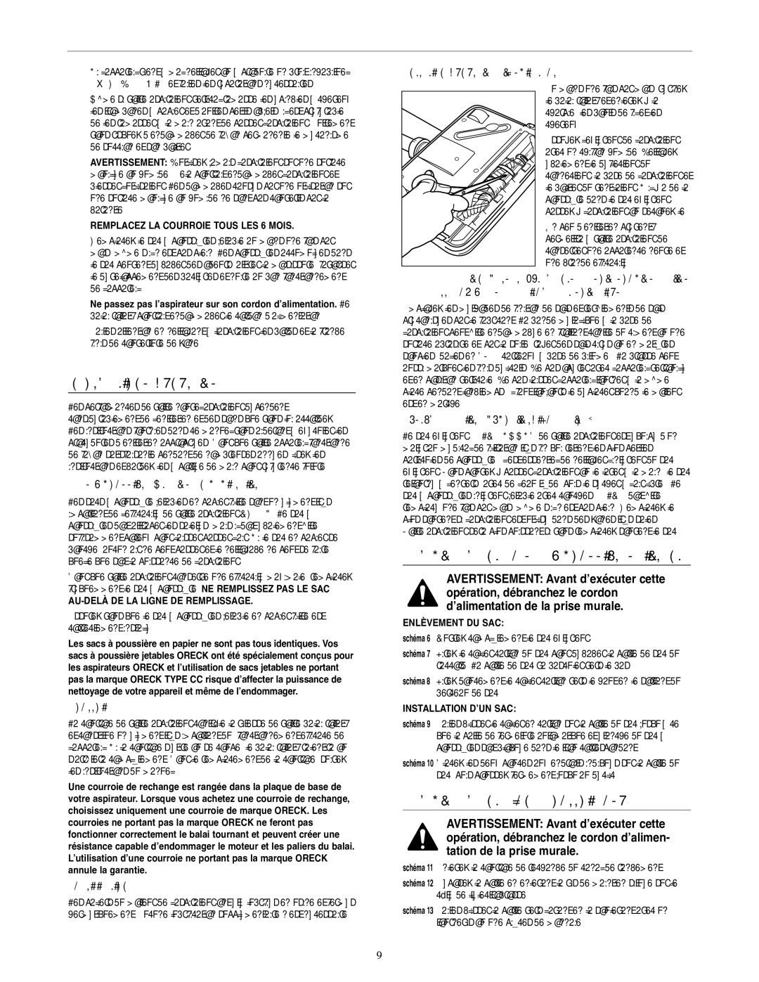 Oreck U3120HH warranty Informations générales, Remplacement du sac à poussières filtrant, Remplacement d’une courroie usée 