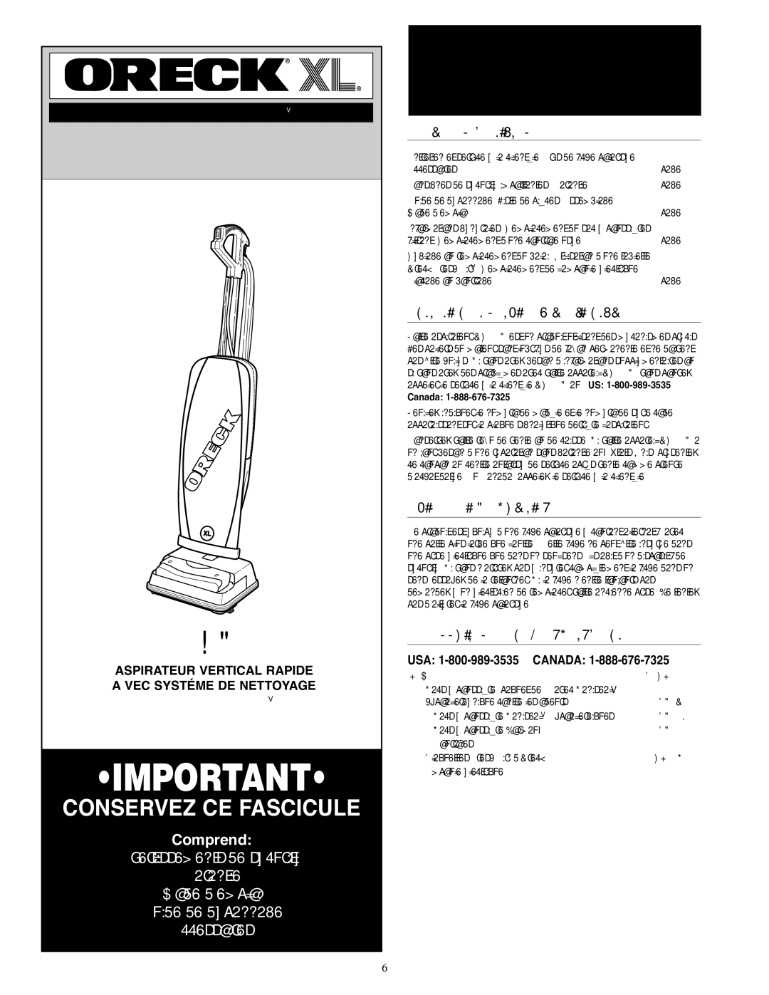 Oreck U3120HH warranty Lire Attentivement Toutes LES Instructions DE CE Manuel, Table des matières, Avis de fiche polarisée 