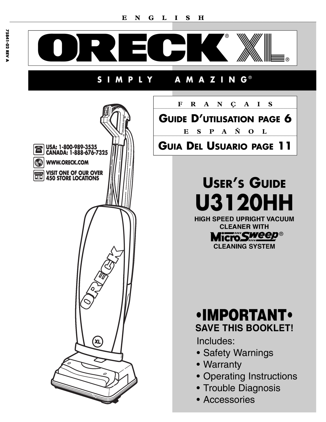 Oreck U3120HH warranty Save This Booklet, Guide D’Utilisation Page, Guia Del Usuario Page, E N G L I S H, F R A N Ç A 