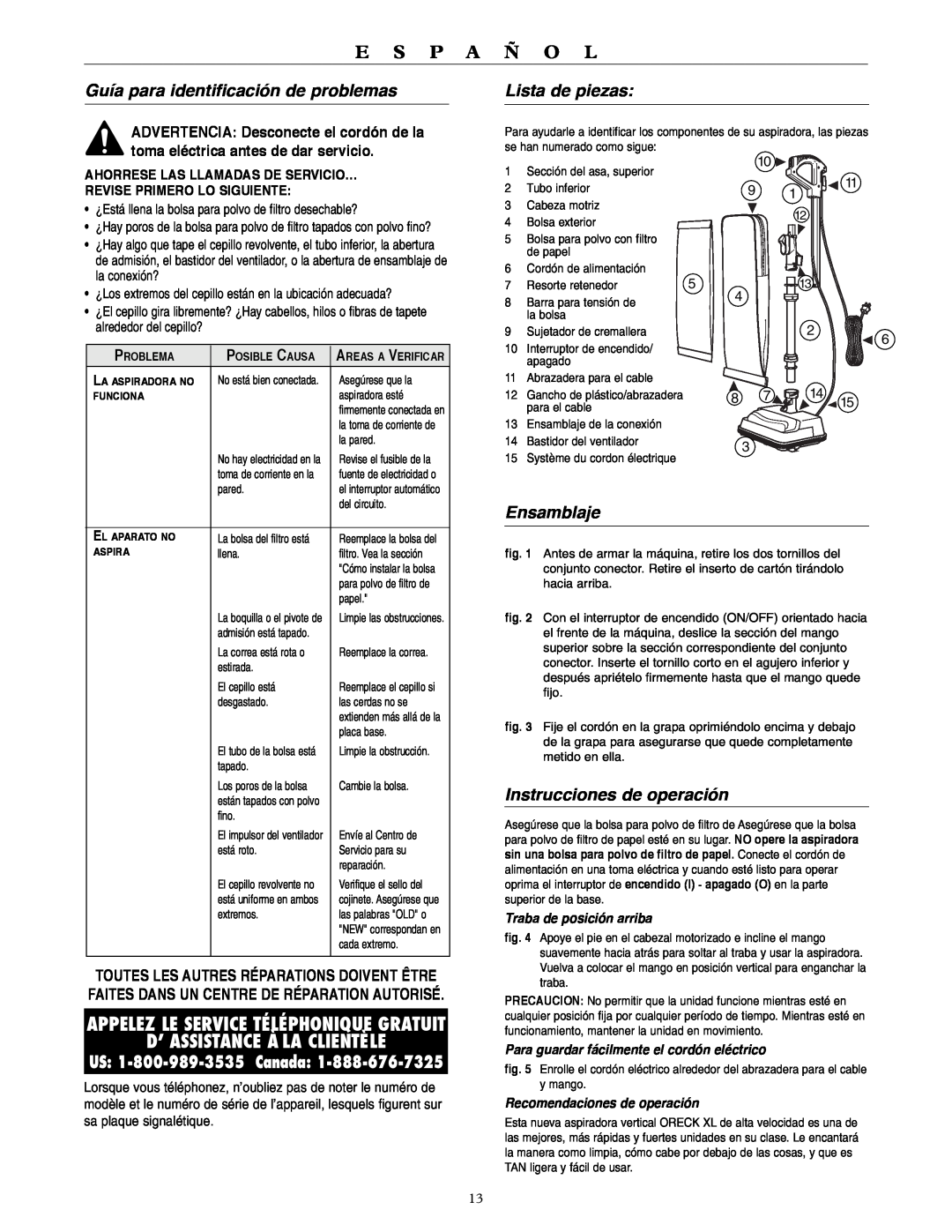 Oreck U3120HH warranty D’ Assistance À La Clientèle, Guía para identificación de problemas, Lista de piezas, Ensamblaje 