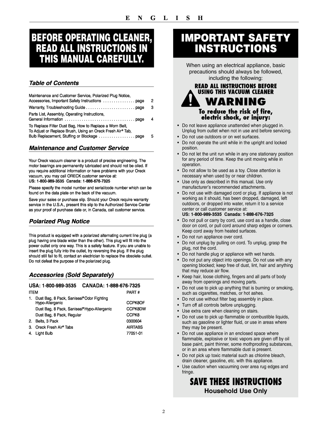Oreck U3120HH Important Safety Instructions, Save These Instructions, E n g l i s h, Household Use Only, Table of Contents 
