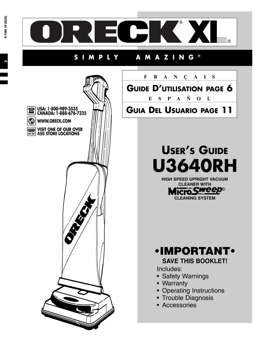 Oreck U3640RH warranty Guide D’Utilisation Page, Guia Del Usuario Page, F R A N Ç A I S, E S P A Ñ O L, User’S Guide 