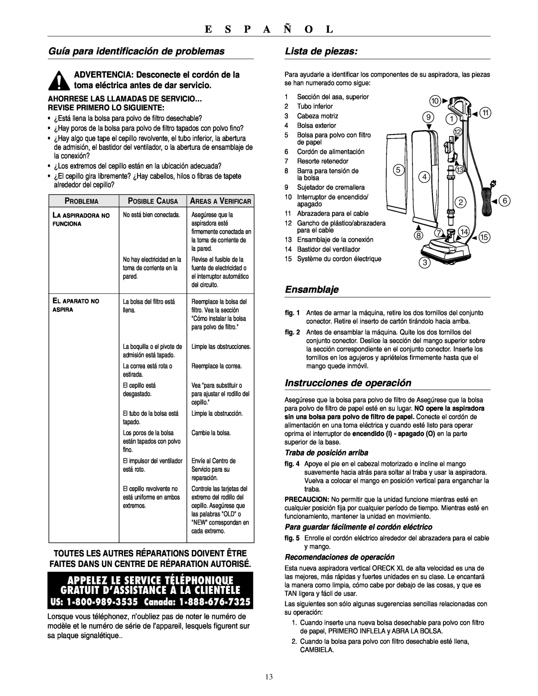 Oreck U3640RH warranty Guía para identificación de problemas, Lista de piezas, Ensamblaje, Instrucciones de operación 