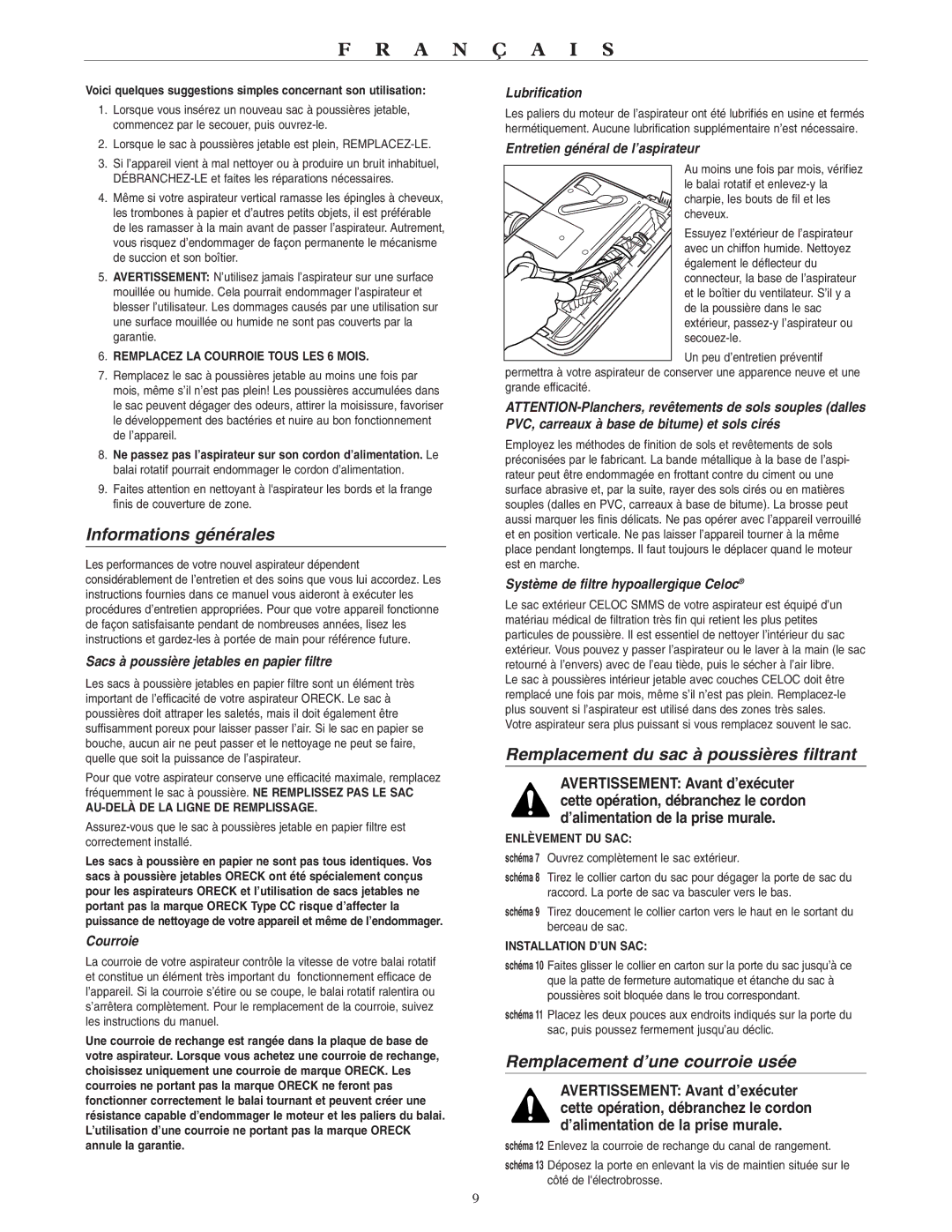 Oreck U3700HH warranty Informations générales, Remplacement du sac à poussières filtrant, Remplacement d’une courroie usée 