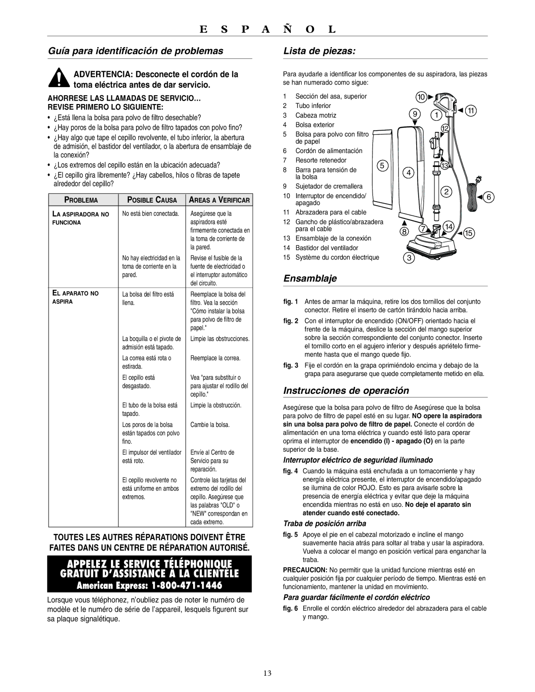 Oreck U3700HH warranty Guía para identificación de problemas, Lista de piezas, Ensamblaje, Instrucciones de operación 