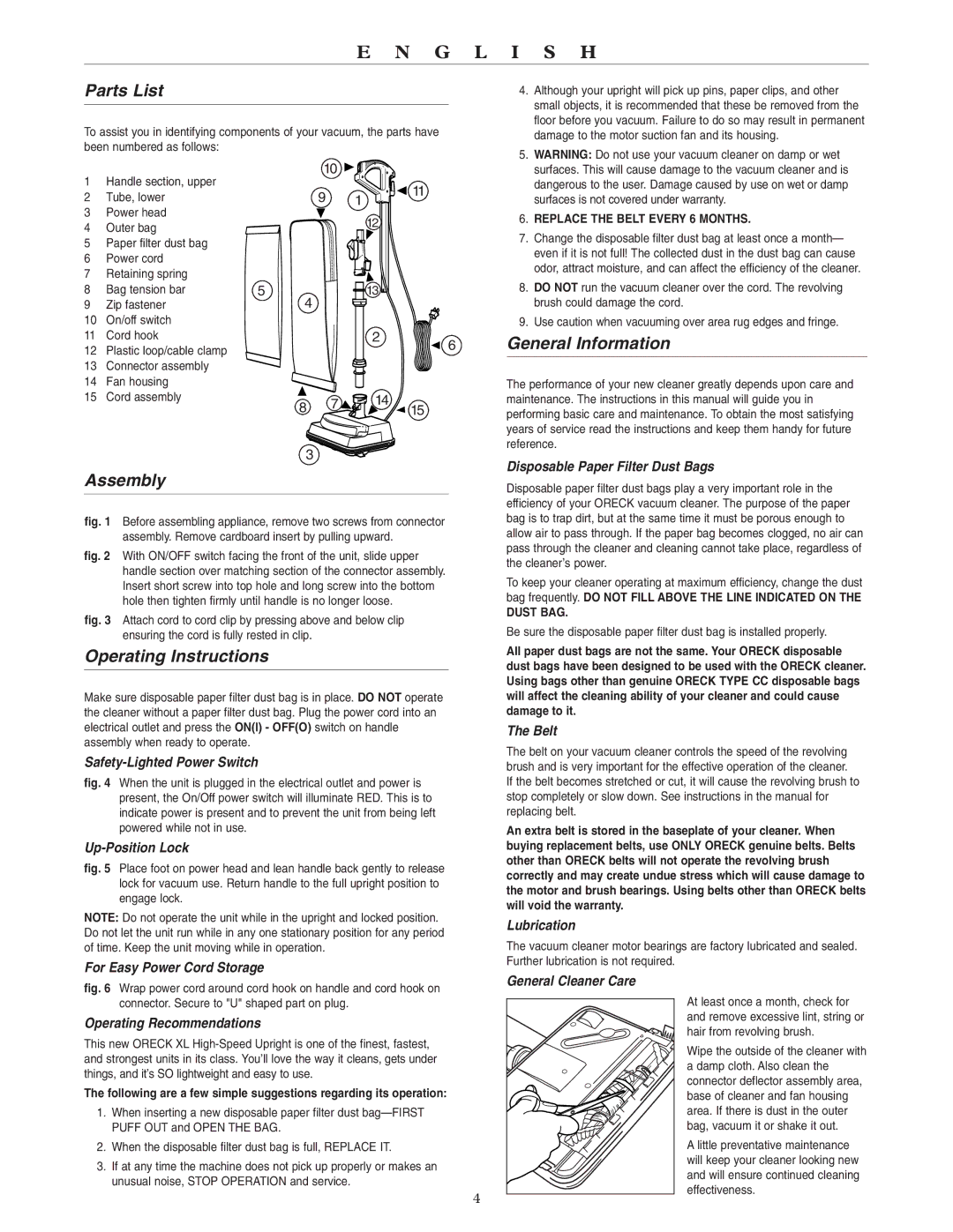 Oreck U3700HH warranty Parts List, Assembly, Operating Instructions, General Information 