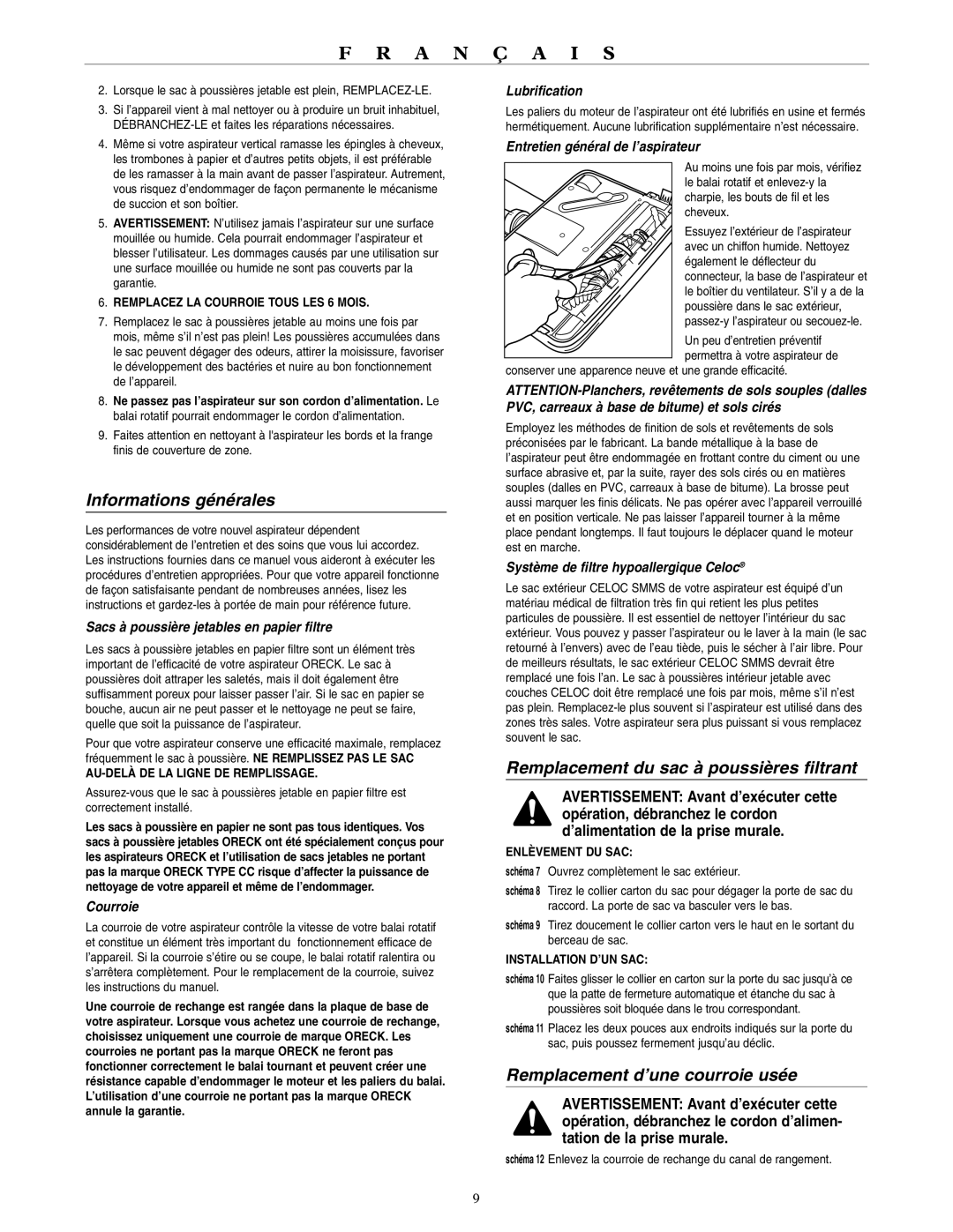 Oreck U3700HH warranty Informations générales, Remplacement du sac à poussières filtrant, Remplacement d’une courroie usée 