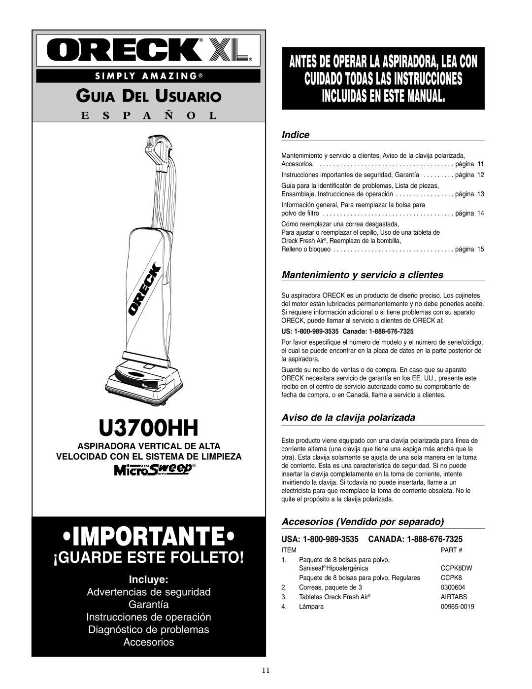 Oreck U3700HH Indice, Mantenimiento y servicio a clientes, Aviso de la clavija polarizada, Accesorios Vendido por separado 