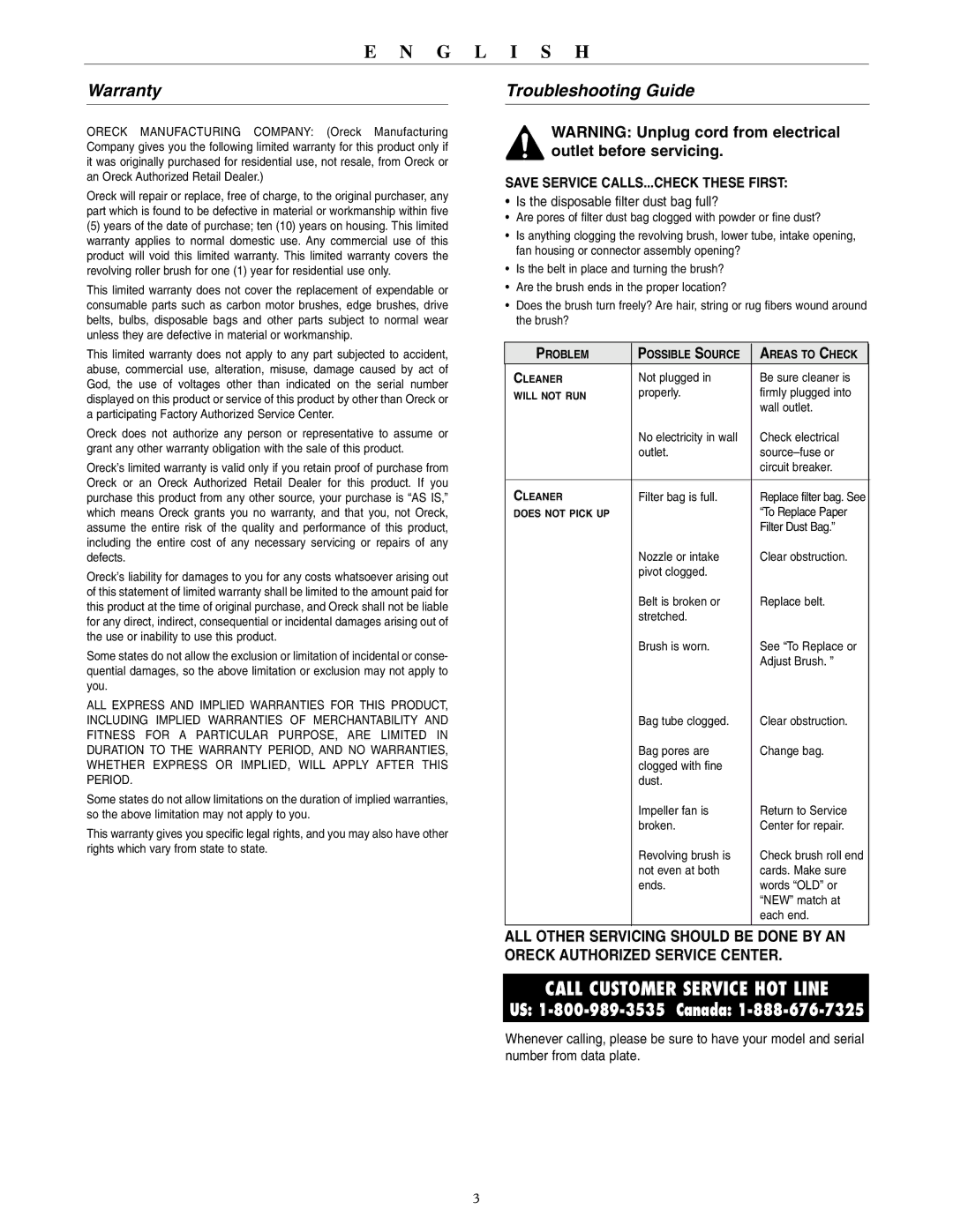 Oreck U3700HH warranty Warranty, Troubleshooting Guide 