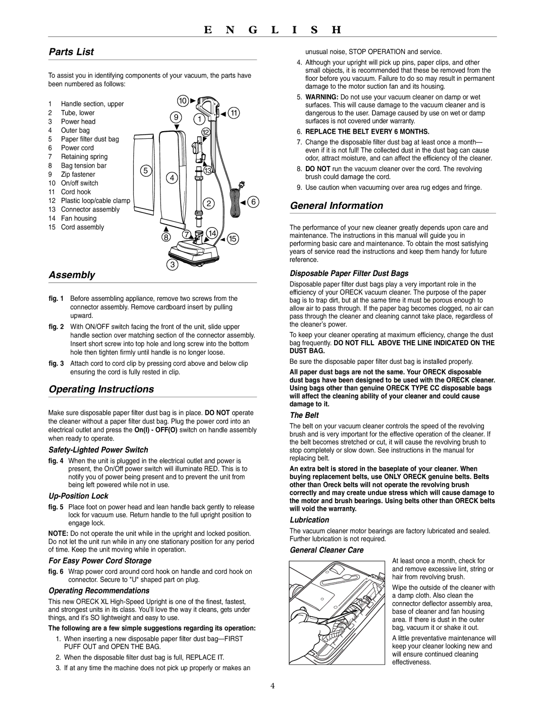 Oreck U3700HH warranty Parts List, Assembly, Operating Instructions, General Information 