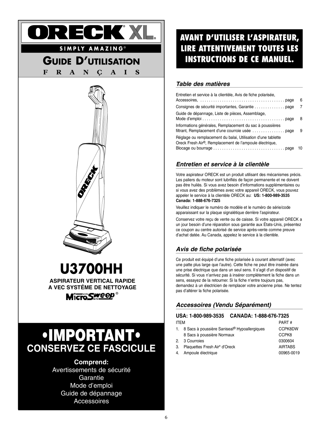 Oreck U3700HH warranty Table des matières, Entretien et service à la clientèle, Avis de fiche polarisée, Canada 