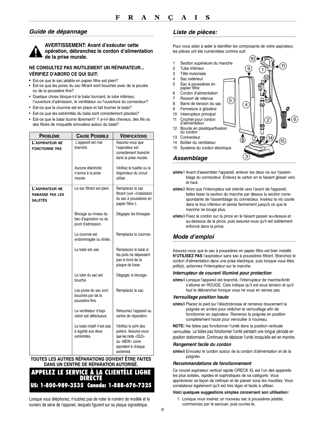 Oreck U3700HH warranty Guide de dépannage, Liste de pièces, Assemblage3, Mode d’emploi 