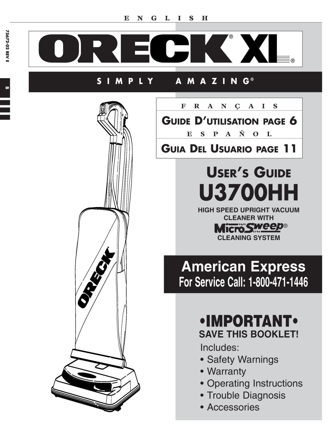 Oreck U3700HH warranty Save This Booklet, Guide D’Utilisation Page, Guia Del Usuario Page, E N G L I S H, F R A N Ç A 