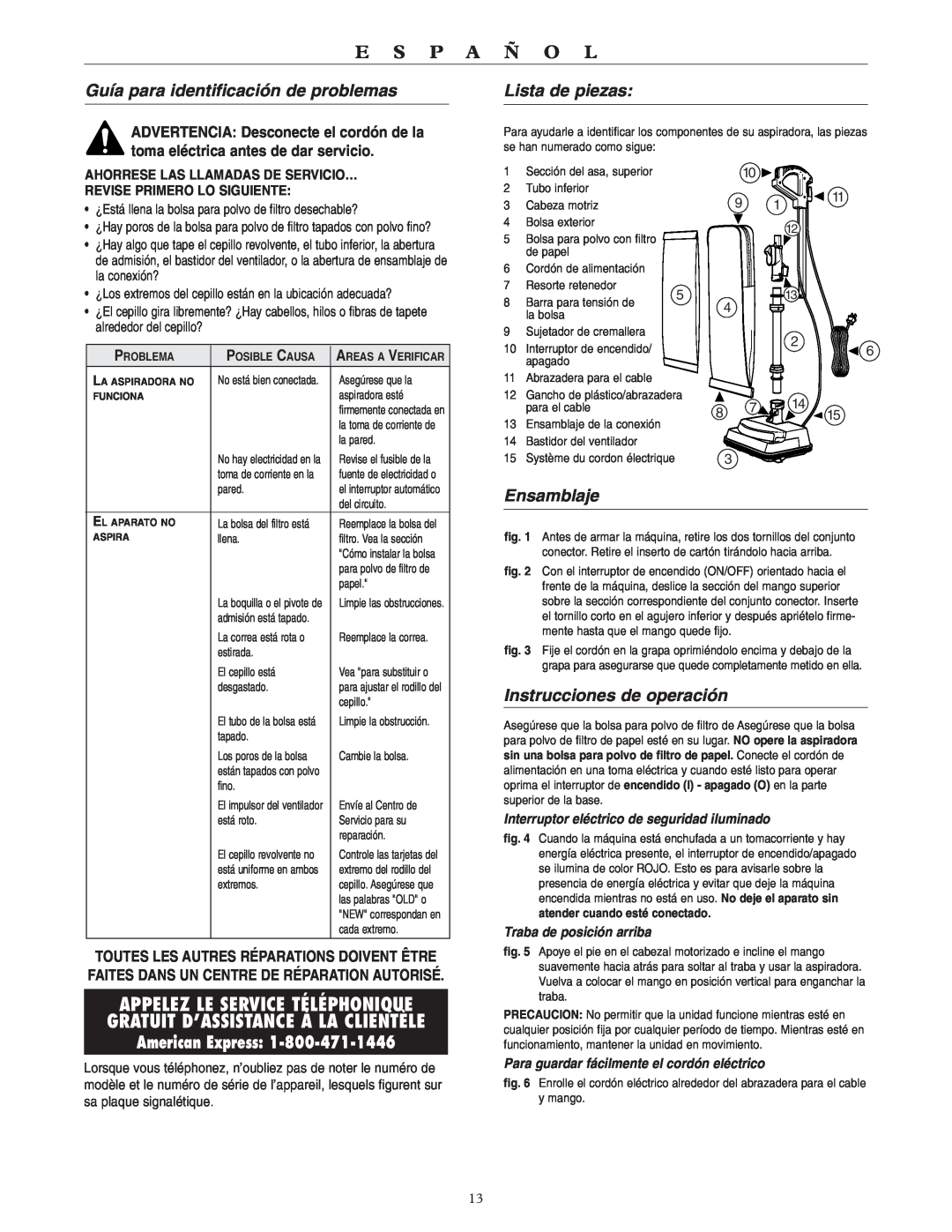 Oreck U3700HH warranty Guía para identificación de problemas, Lista de piezas, Ensamblaje, Instrucciones de operación 