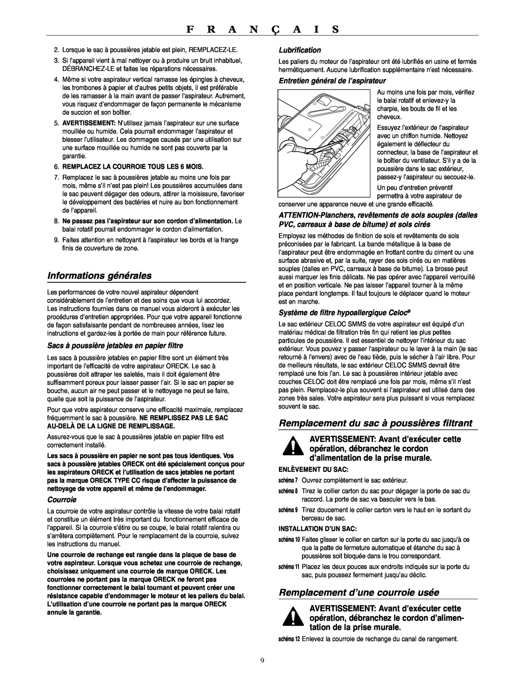 Oreck U3700HH warranty Informations générales, Remplacement du sac à poussières filtrant, Remplacement d’une courroie usée 