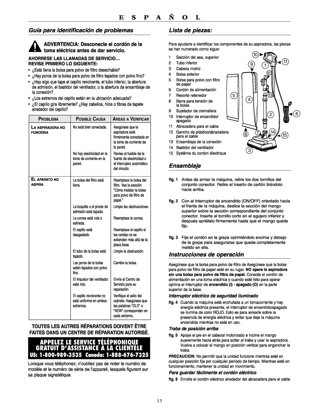 Oreck U3700HH warranty Guía para identificación de problemas, Lista de piezas, Ensamblaje, Instrucciones de operación 