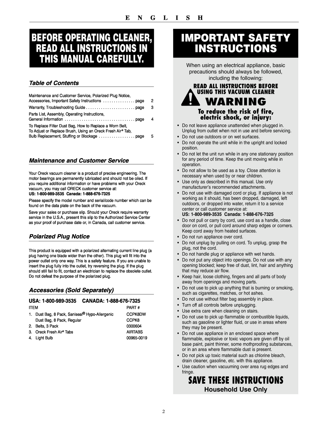 Oreck U3700HH Important Safety Instructions, Save These Instructions, Household Use Only, Table of Contents, E N G L I S H 