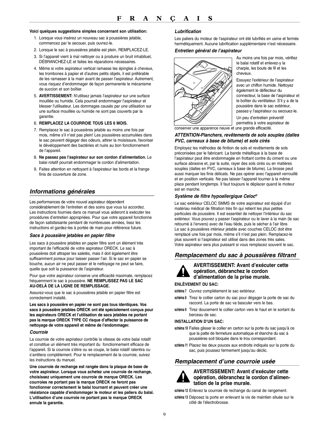 Oreck U3760HH warranty Informations générales, Remplacement du sac à poussières filtrant, Remplacement d’une courroie usée 