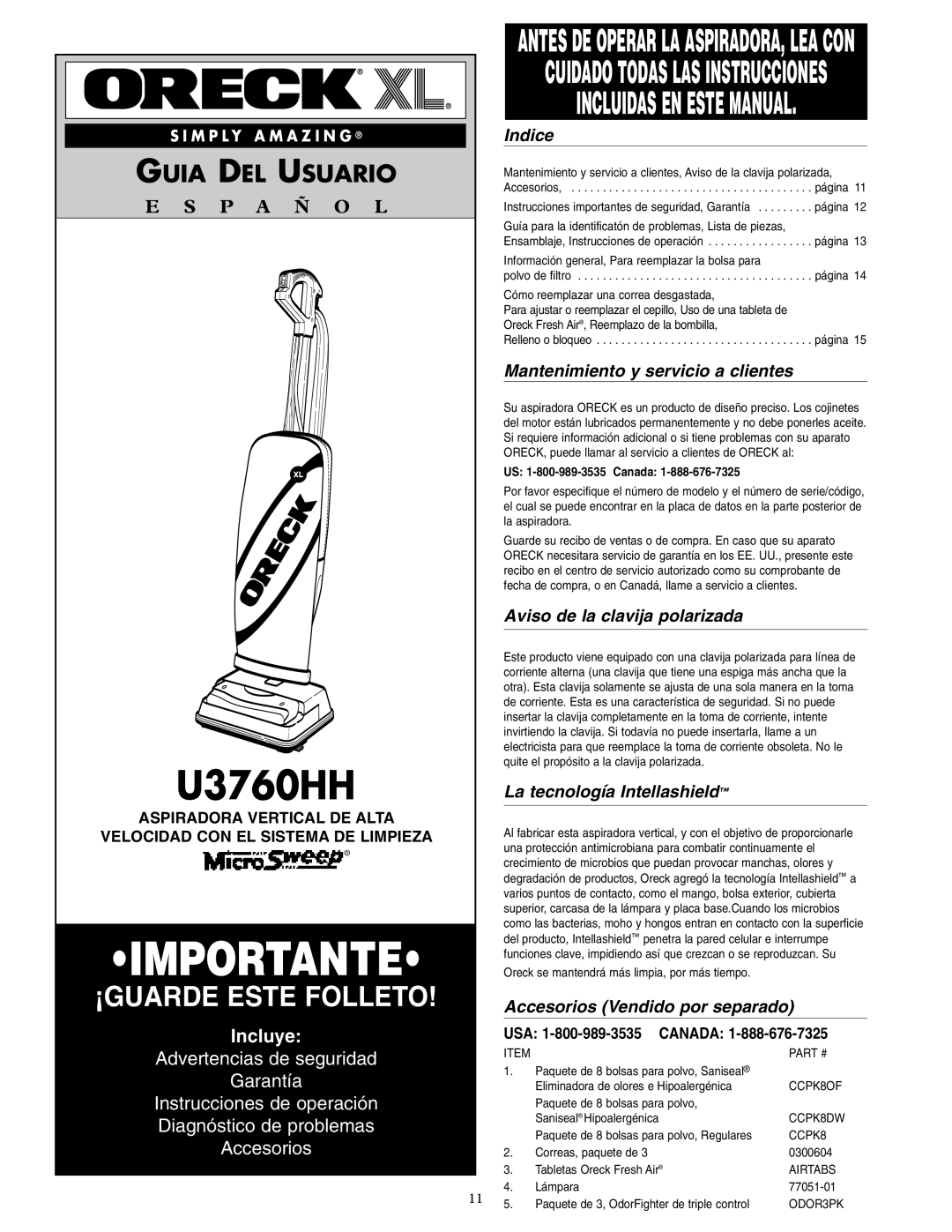 Oreck U3760HH Indice, Mantenimiento y servicio a clientes, Aviso de la clavija polarizada, La tecnología Intellashield 