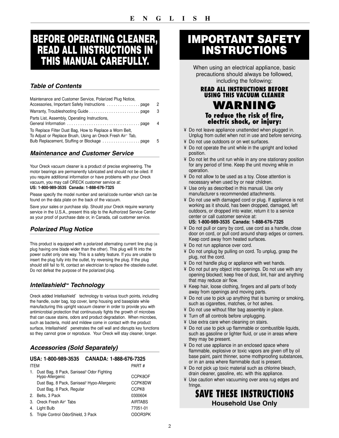 Oreck U3760HH warranty Table of Contents, Maintenance and Customer Service, Polarized Plug Notice, Intellashield Technology 