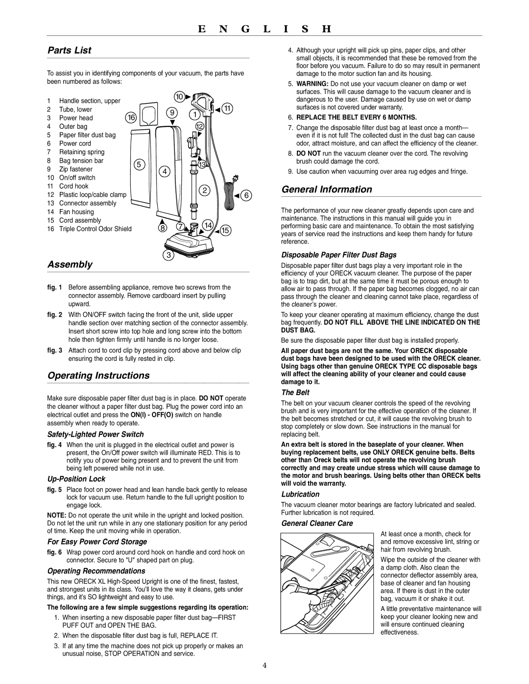 Oreck U3760HH warranty Parts List, Assembly, Operating Instructions, General Information 