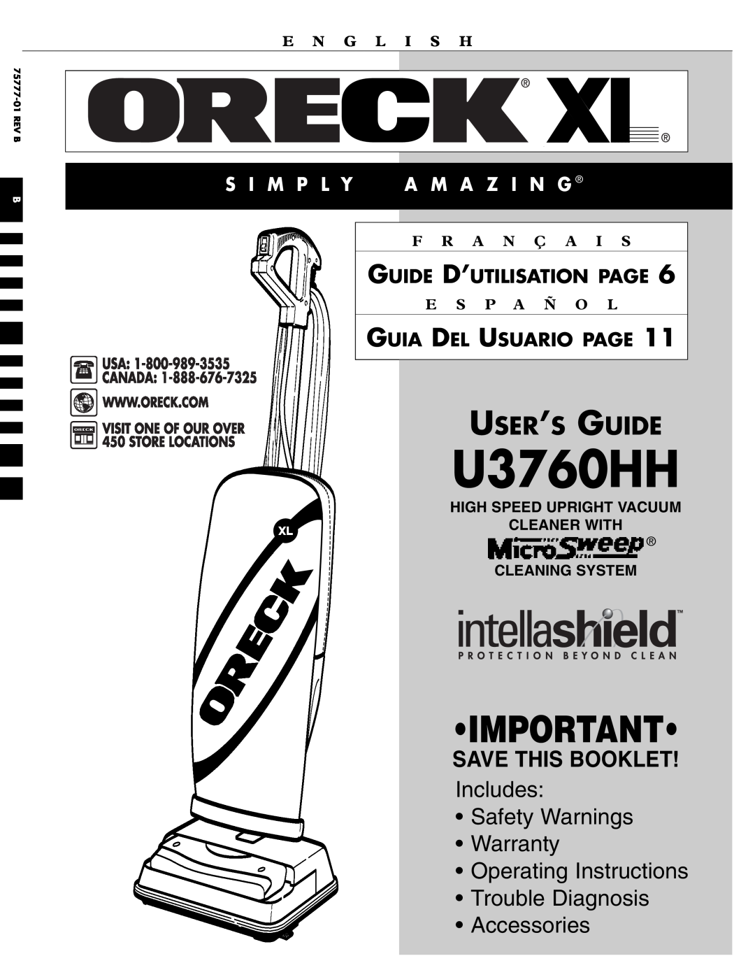 Oreck U3760HH warranty Guide D’Utilisation Page, Guia Del Usuario Page, E N G L I S H, F R A N Ç A, E S P A Ñ O 