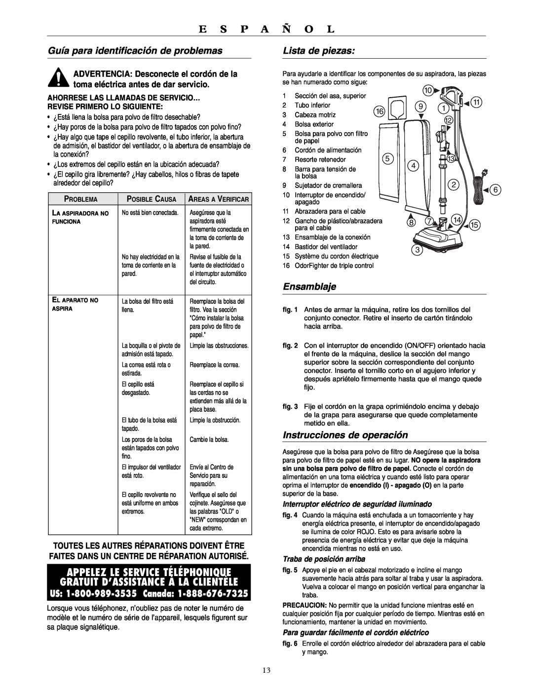 Oreck U3760HH warranty Guía para identificación de problemas, Lista de piezas, Ensamblaje, Instrucciones de operación 
