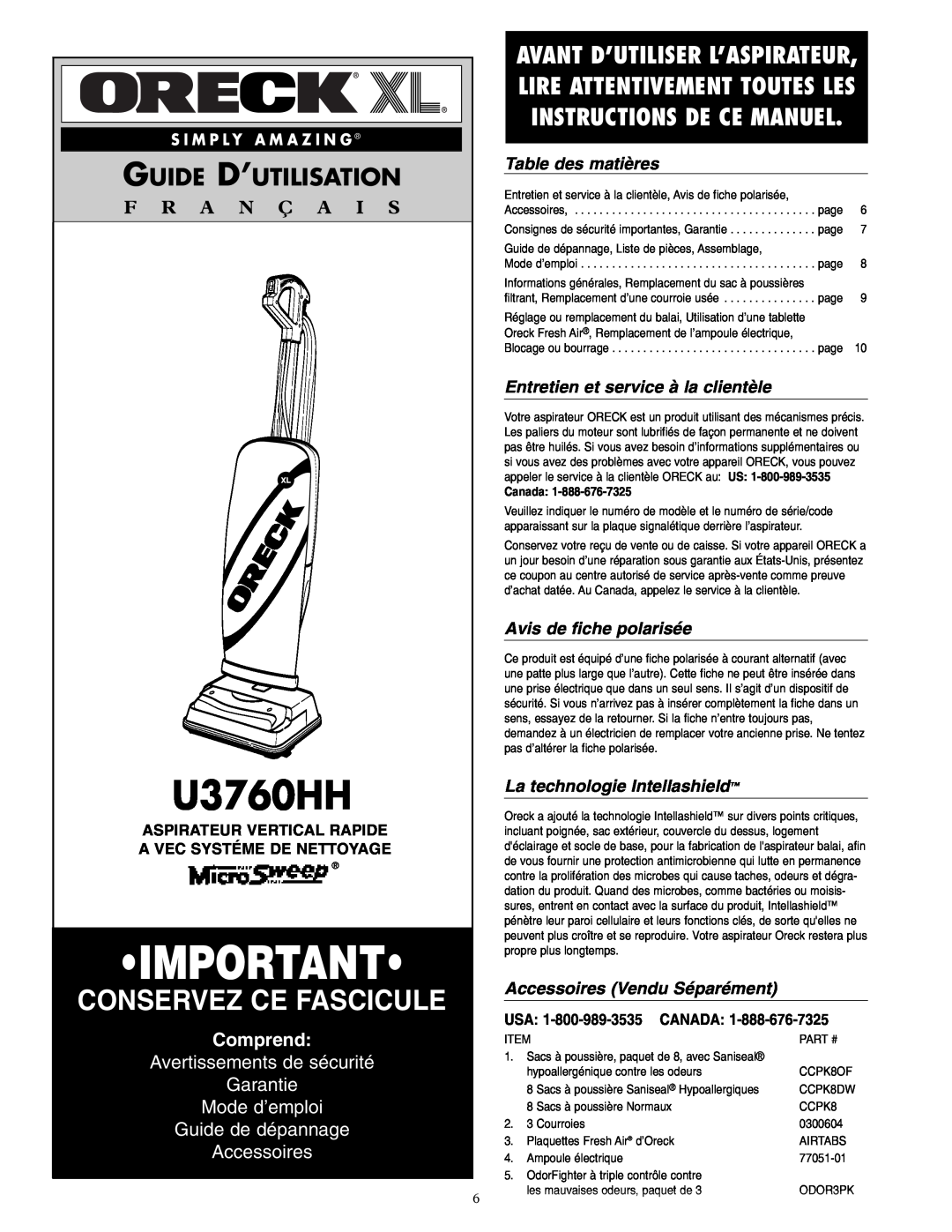 Oreck U3760HH Conservez Ce Fascicule, Guide D’Utilisation, F R A N Ç A I S, Comprend, Guide de dépannage Accessoires 
