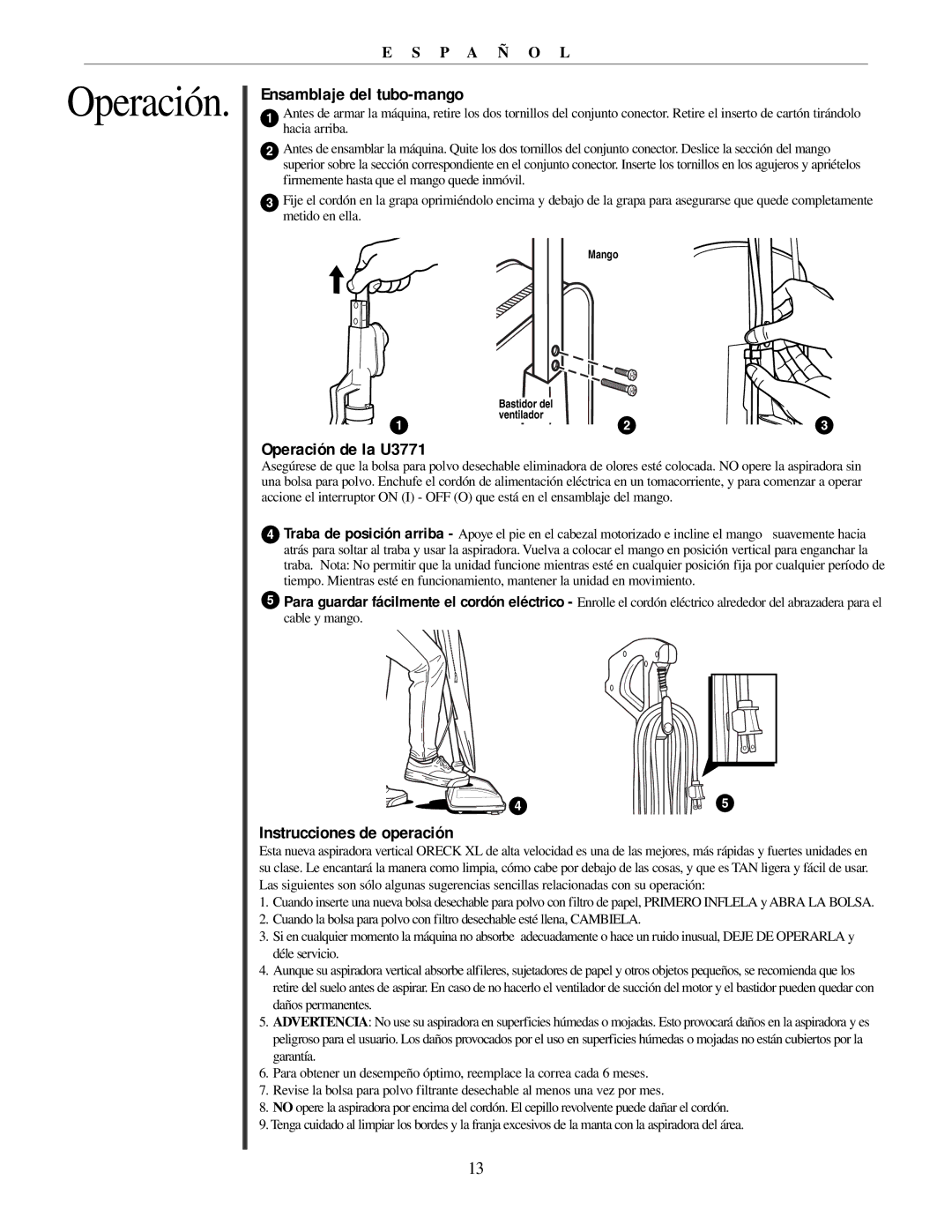 Oreck manual Ensamblaje del tubo-mango, Operación de la U3771, Instrucciones de operación 