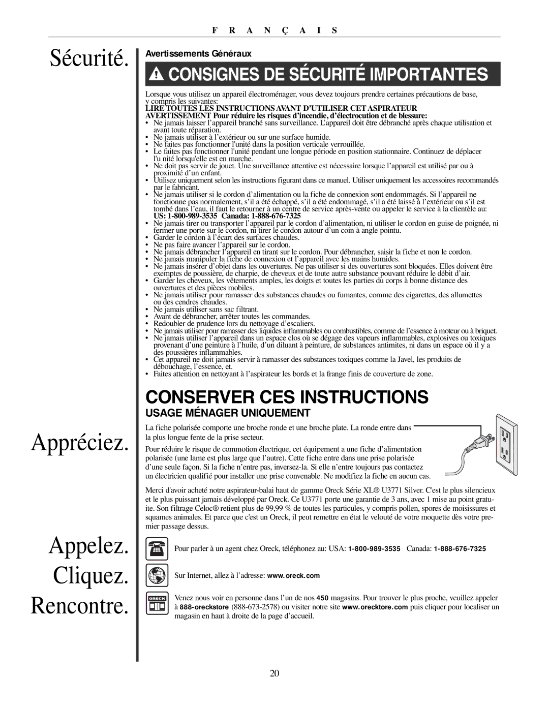 Oreck U3771 manual Sécurité Appréciez Appelez Cliquez Rencontre, Avertissements Généraux 