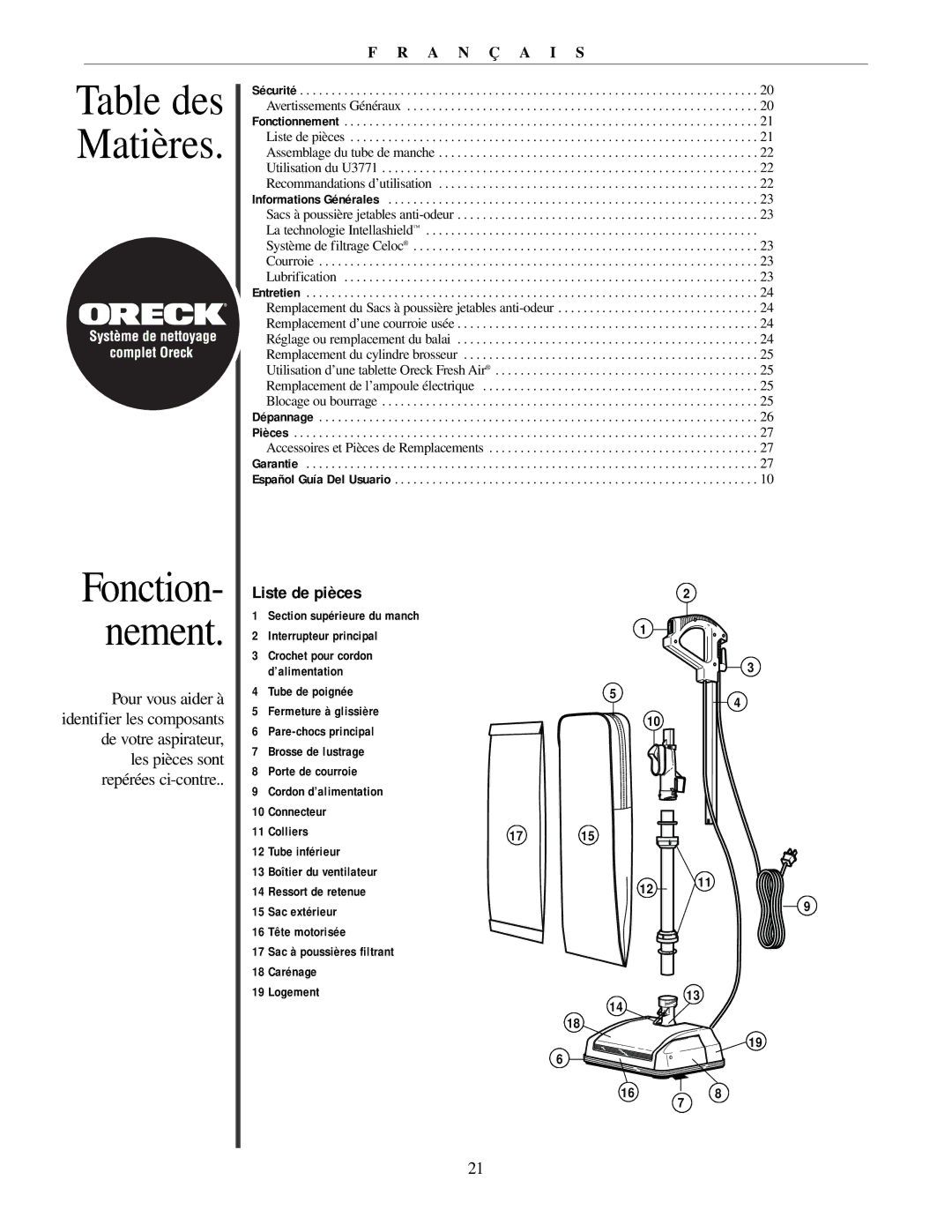 Oreck U3771 manual Table des Matières, Liste de pièces 