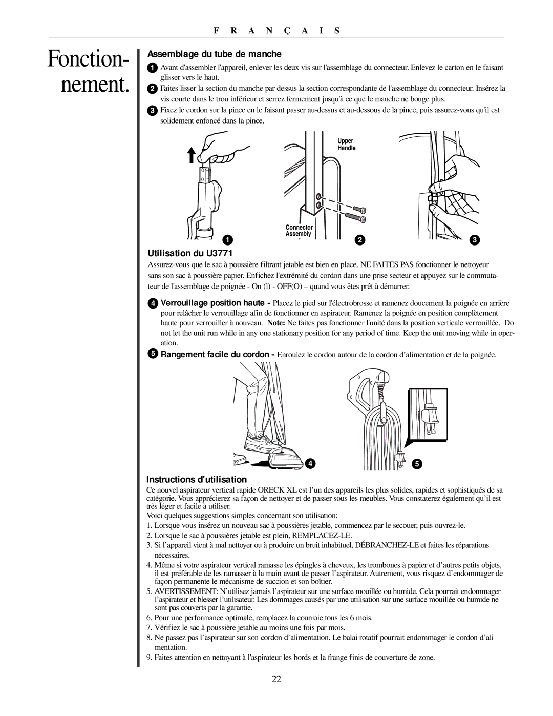 Oreck manual Assemblage du tube de manche, Utilisation du U3771, Instructions dutilisation 