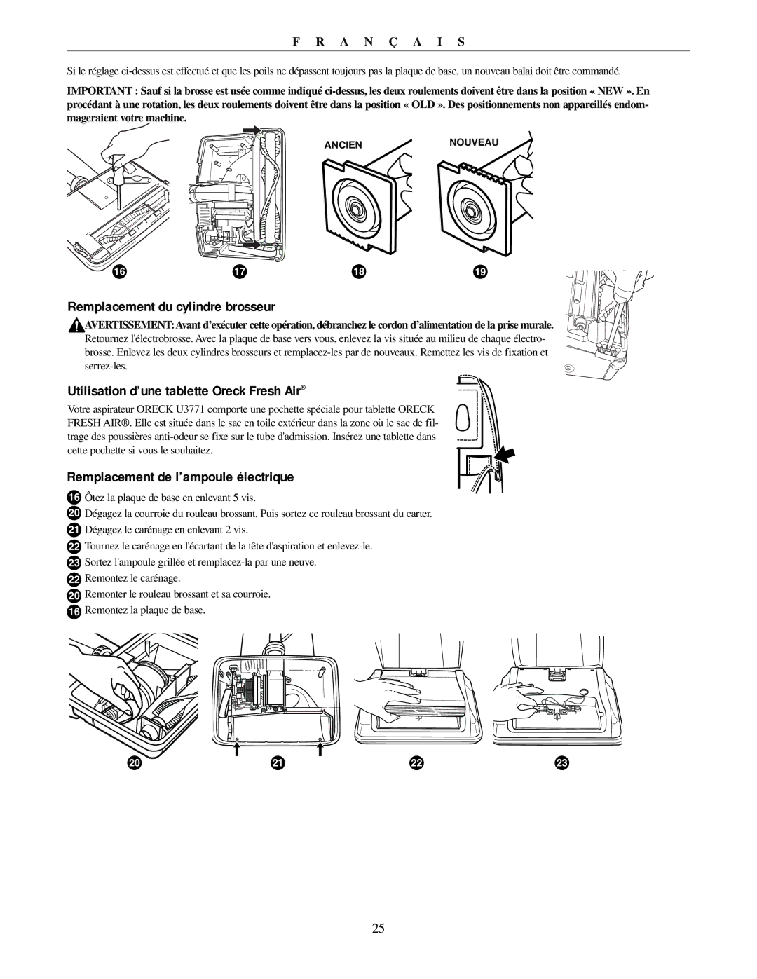 Oreck U3771 manual Remplacement du cylindre brosseur, Utilisation d’une tablette Oreck Fresh Air 