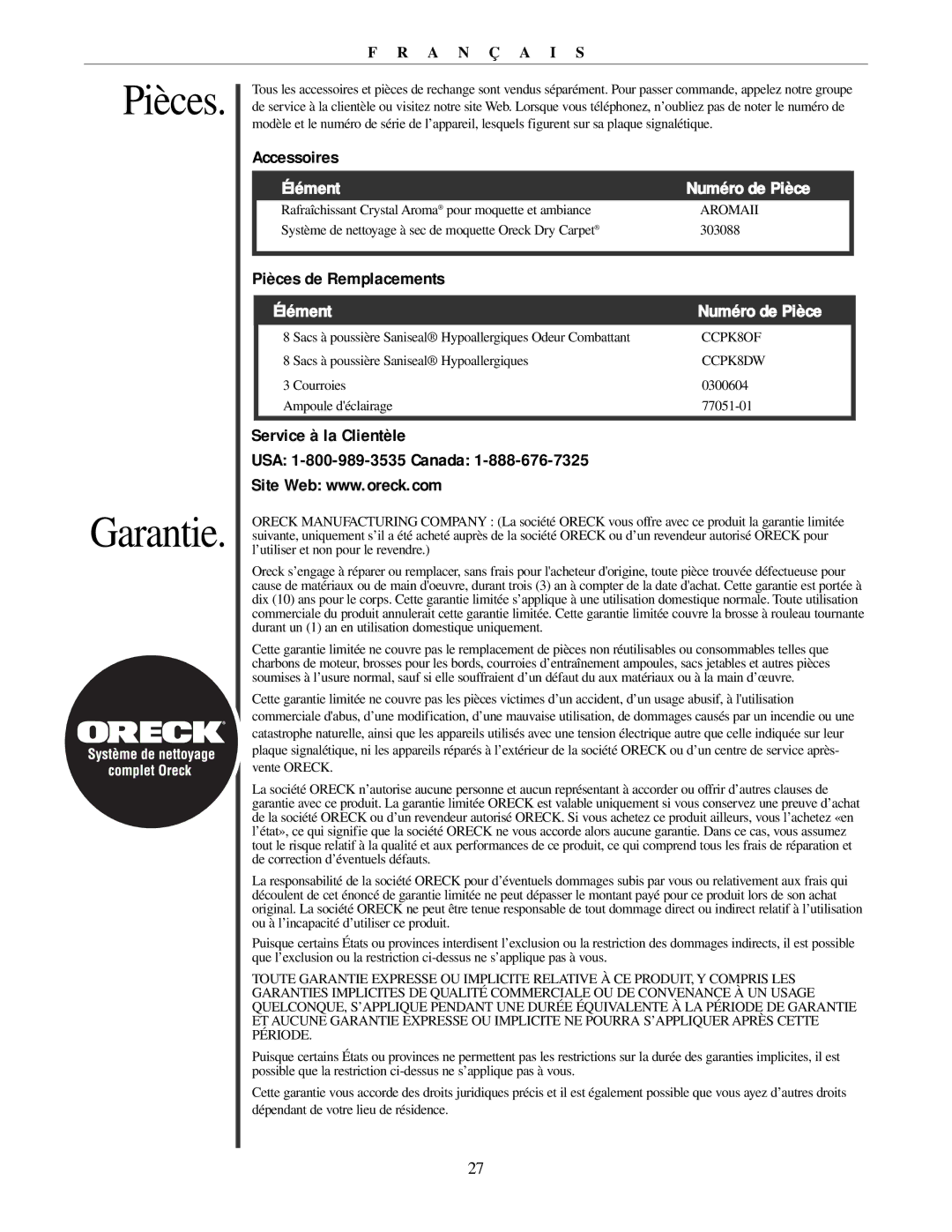 Oreck U3771 manual Pièces Garantie, Accessoires, Élément Numéro de Pièce, Pièces de Remplacements 